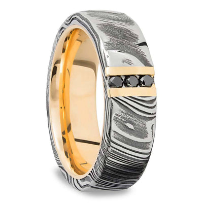 Damascus Steel Men's Engagement Ring With Black Diamonds