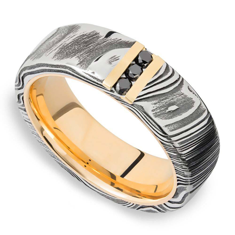 Damascus Steel Men's Engagement Ring With Black Diamonds