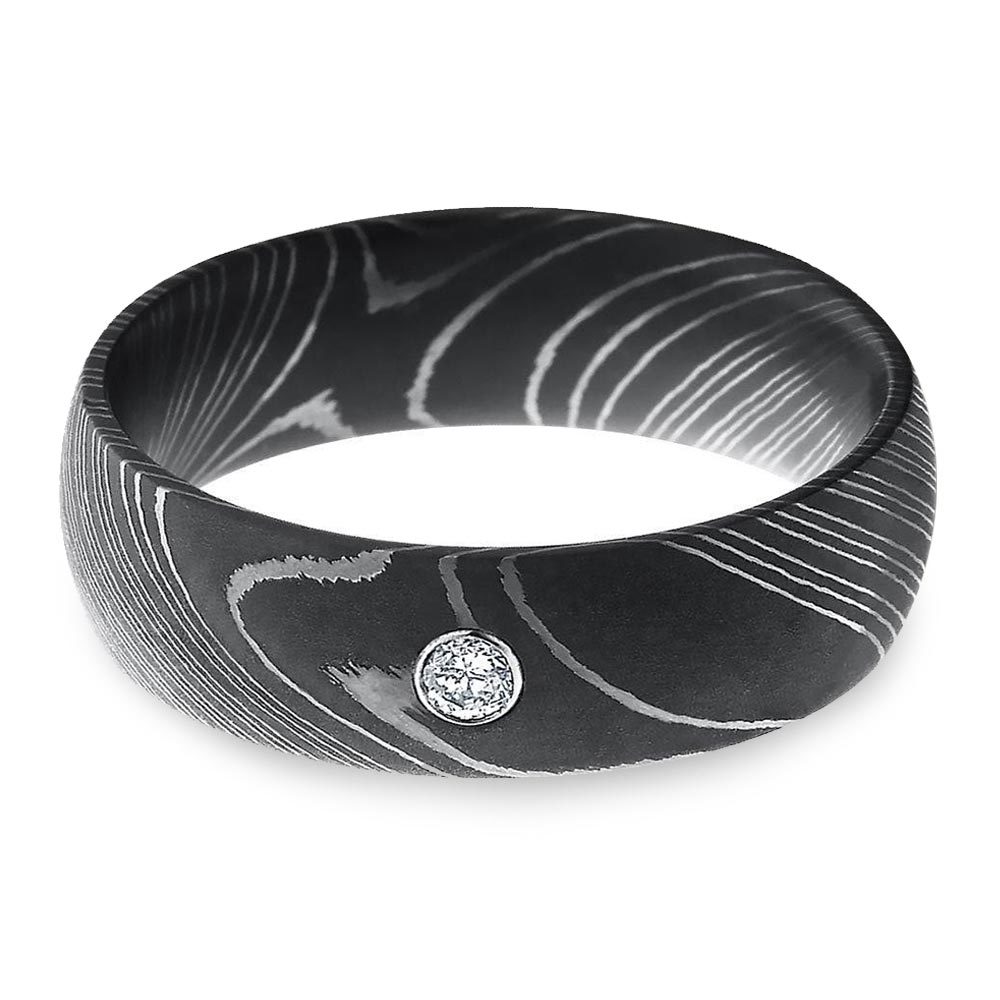 Inset Men's Engagement Ring In Damascus Steel